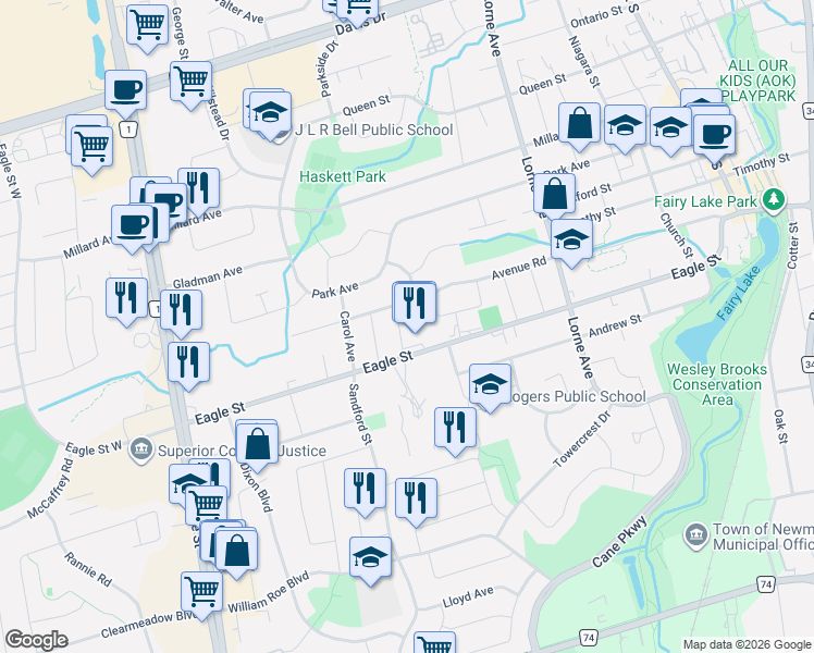 map of restaurants, bars, coffee shops, grocery stores, and more near 251 Scott Avenue in Newmarket