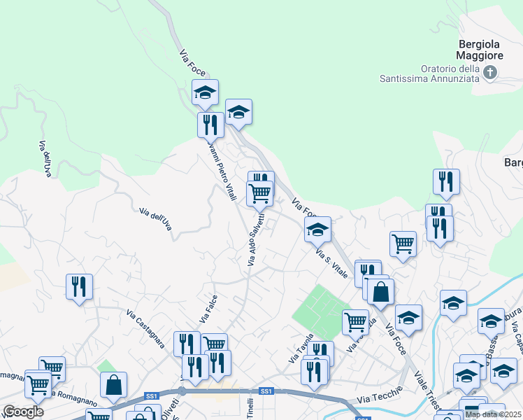 map of restaurants, bars, coffee shops, grocery stores, and more near 147 Via Aldo Salvetti in Massa