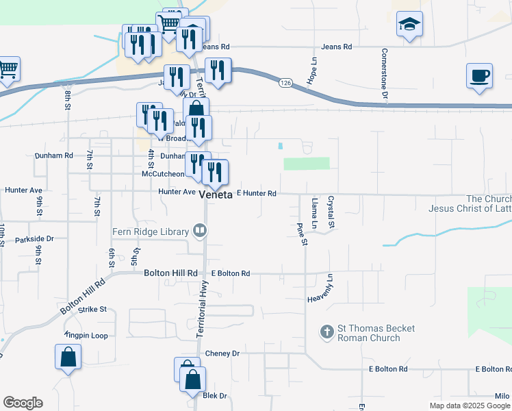map of restaurants, bars, coffee shops, grocery stores, and more near 25175 Hunter Road in Veneta