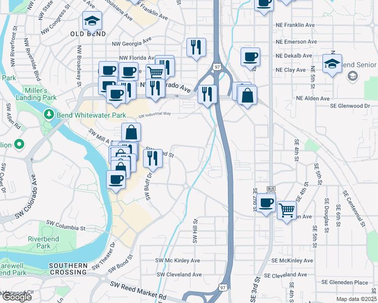 map of restaurants, bars, coffee shops, grocery stores, and more near 150 Southwest Scalehouse Loop in Bend