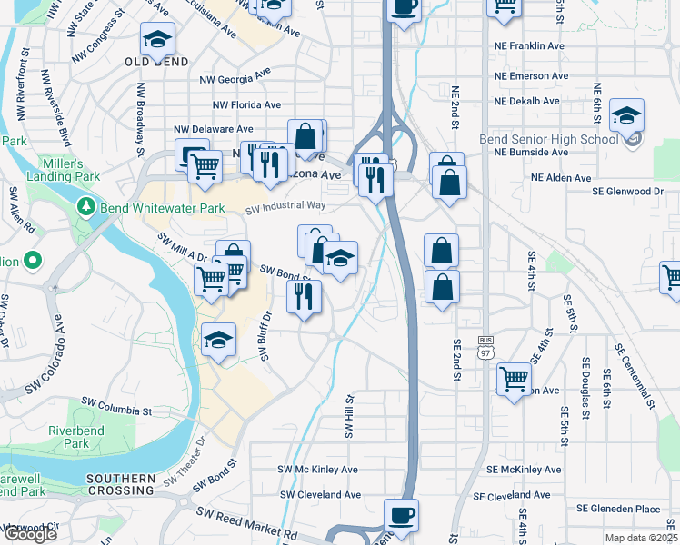 map of restaurants, bars, coffee shops, grocery stores, and more near 150 Southwest Scalehouse Loop in Bend
