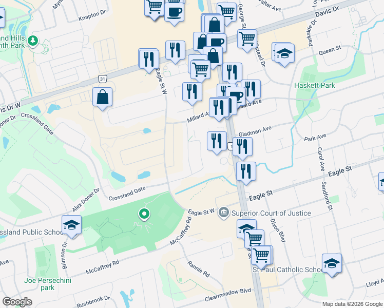 map of restaurants, bars, coffee shops, grocery stores, and more near 195 Brammar Street in Newmarket
