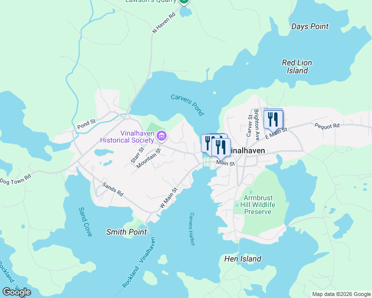map of restaurants, bars, coffee shops, grocery stores, and more near 17 High Street in Vinalhaven