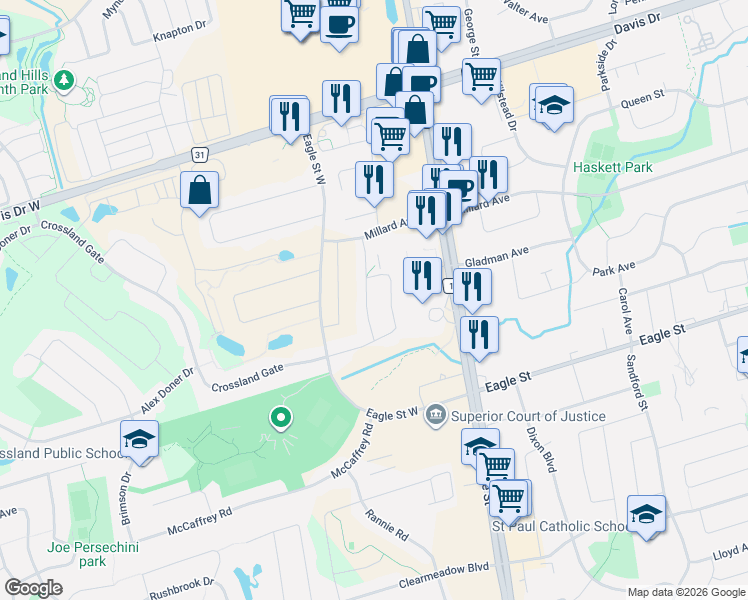 map of restaurants, bars, coffee shops, grocery stores, and more near 195 Brammar Street in Newmarket