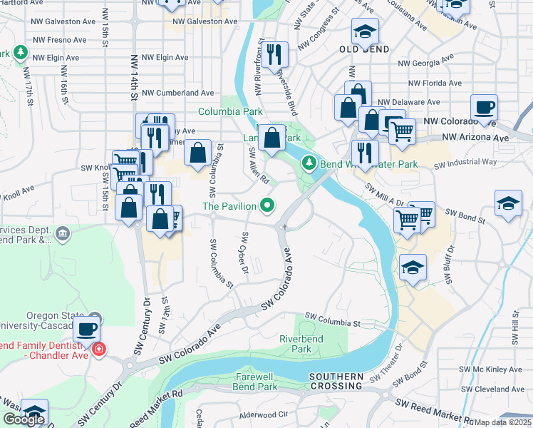 map of restaurants, bars, coffee shops, grocery stores, and more near 1000 Southwest Bradbury Drive in Bend