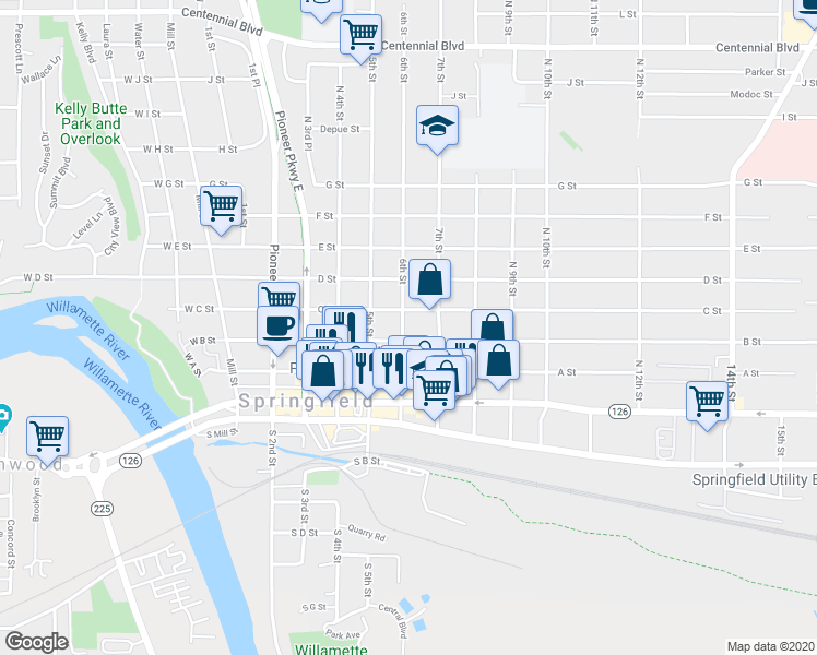 map of restaurants, bars, coffee shops, grocery stores, and more near 411 6th Street in Springfield