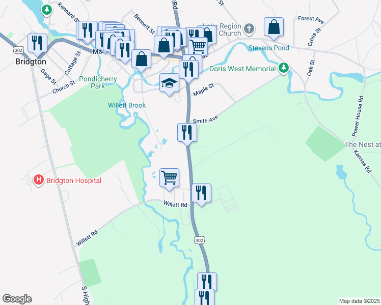 map of restaurants, bars, coffee shops, grocery stores, and more near in Bridgton