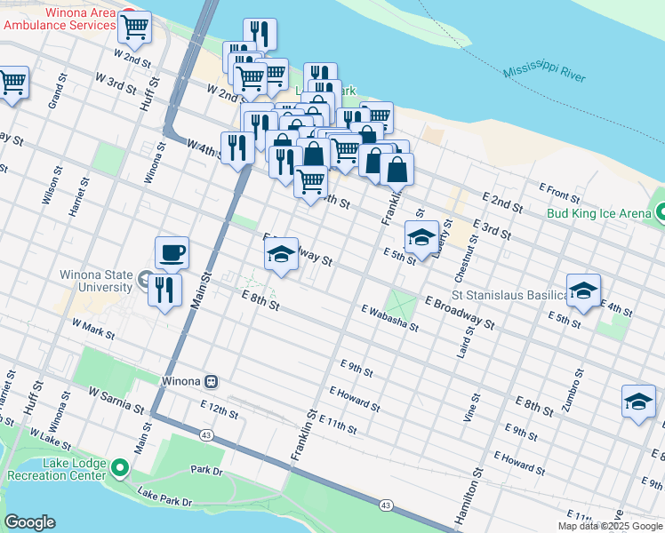 map of restaurants, bars, coffee shops, grocery stores, and more near 276 Walnut Street in Winona