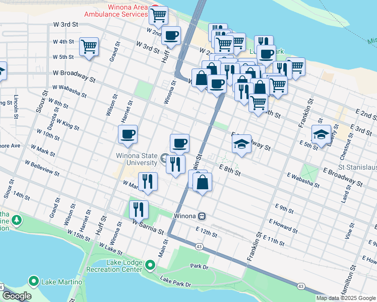 map of restaurants, bars, coffee shops, grocery stores, and more near 121 West Wabasha Street in Winona