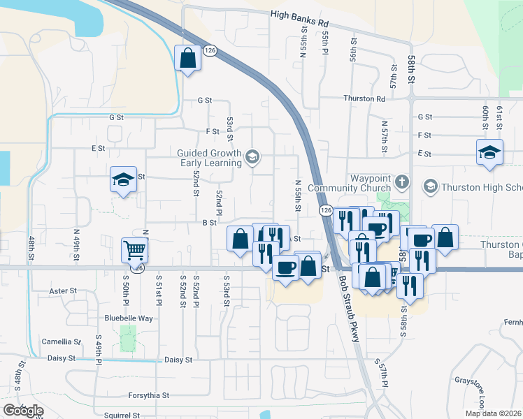 map of restaurants, bars, coffee shops, grocery stores, and more near 340 54th Street in Springfield