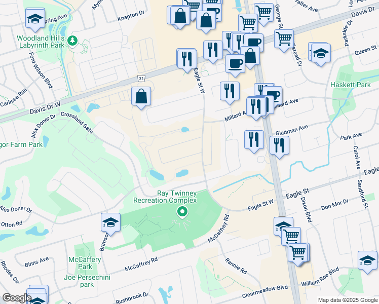 map of restaurants, bars, coffee shops, grocery stores, and more near 282 Glenway Circle in Newmarket