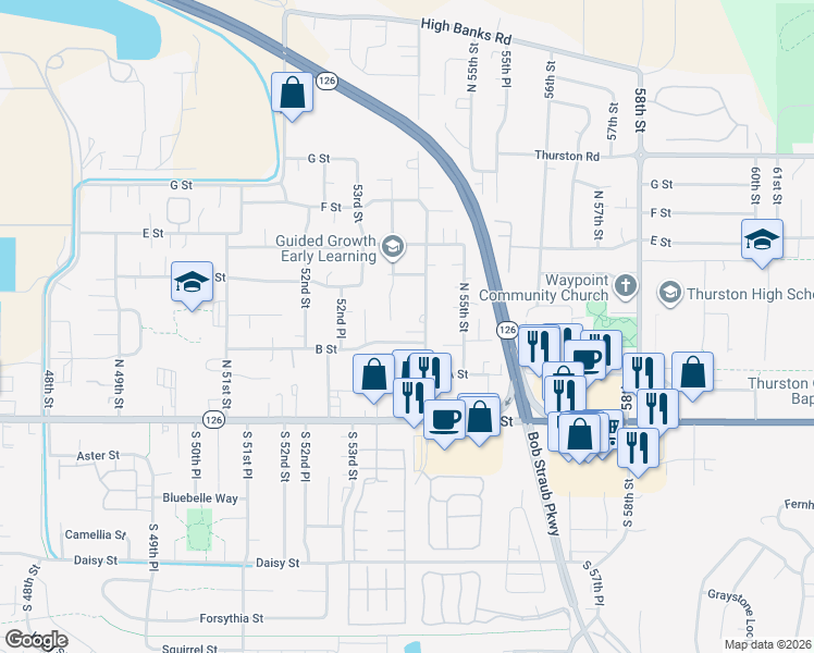 map of restaurants, bars, coffee shops, grocery stores, and more near 340 54th Street in Springfield