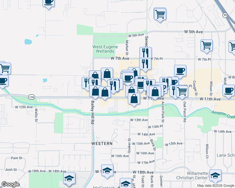 map of restaurants, bars, coffee shops, grocery stores, and more near 3555 West 11th Avenue in Eugene