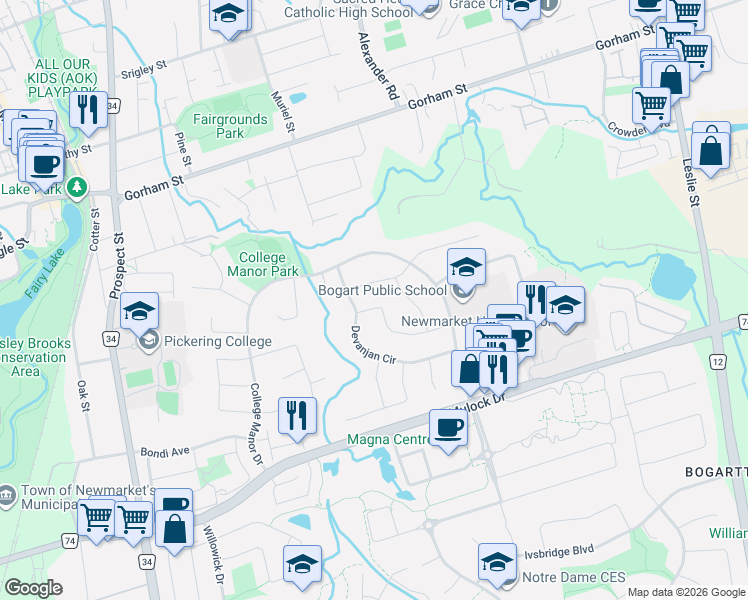 map of restaurants, bars, coffee shops, grocery stores, and more near 781 McLaren Street in Newmarket