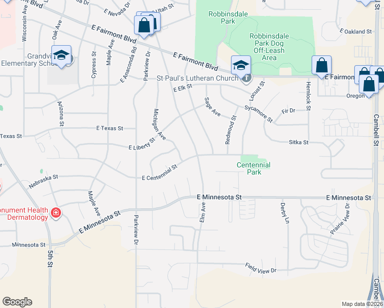 map of restaurants, bars, coffee shops, grocery stores, and more near 524 East Centennial Street in Rapid City