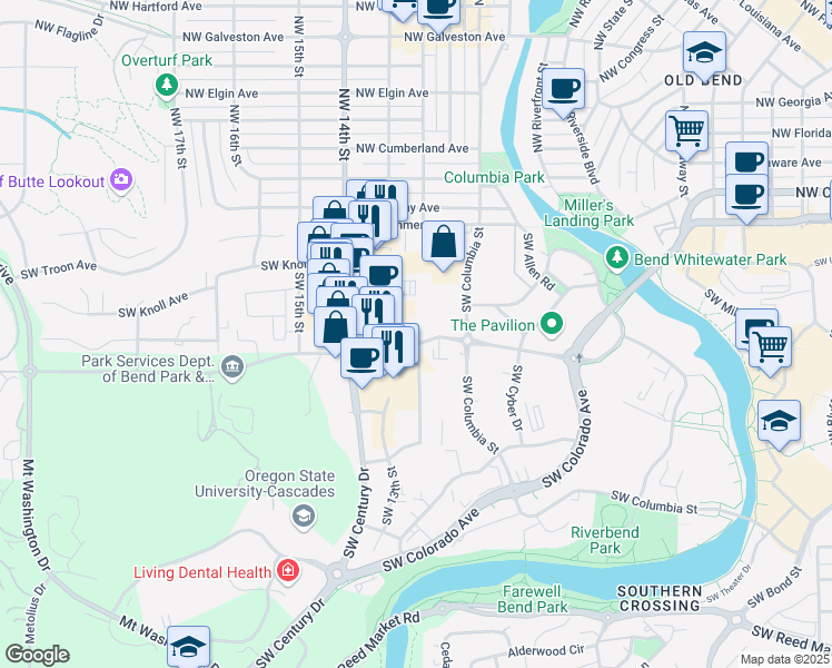 map of restaurants, bars, coffee shops, grocery stores, and more near 1212 Southwest Simpson Avenue in Bend