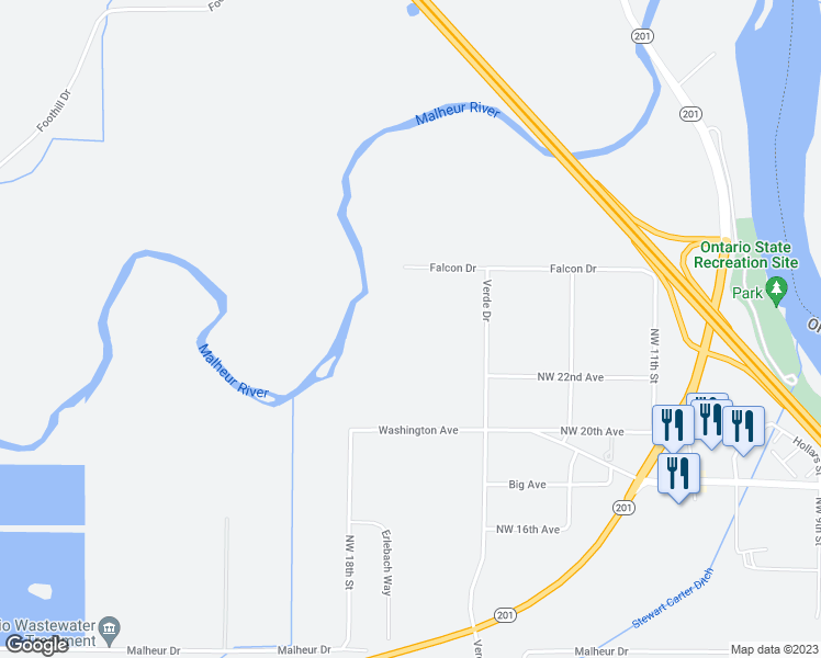 map of restaurants, bars, coffee shops, grocery stores, and more near 1400 Falcon Drive in Ontario