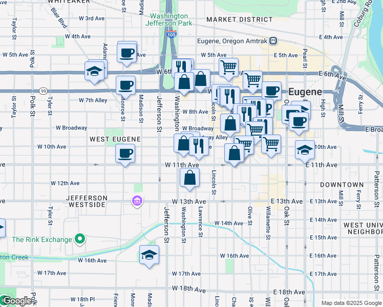 map of restaurants, bars, coffee shops, grocery stores, and more near 1034 Lawrence Street in Eugene