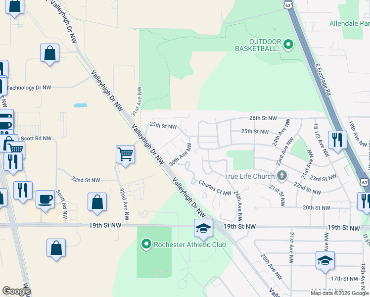 map of restaurants, bars, coffee shops, grocery stores, and more near 2421 30th Avenue Northwest in Rochester