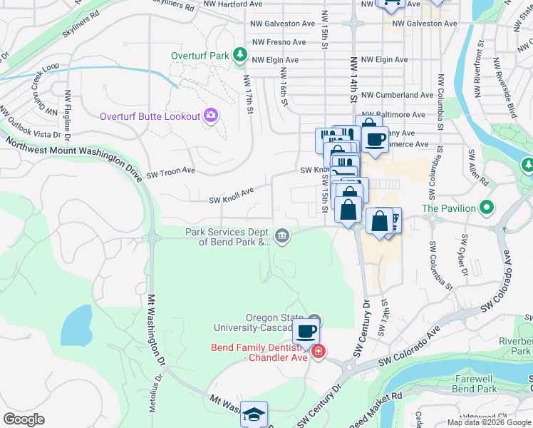 map of restaurants, bars, coffee shops, grocery stores, and more near 142 Southwest 17th Street in Bend