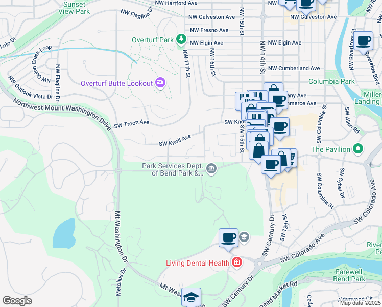 map of restaurants, bars, coffee shops, grocery stores, and more near 133 Southwest West Pine Place in Bend
