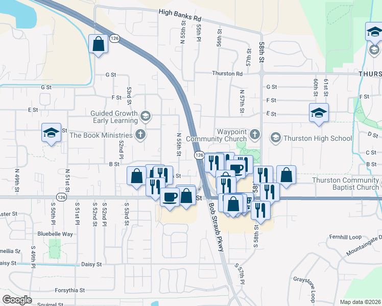 map of restaurants, bars, coffee shops, grocery stores, and more near 411 North 55th Street in Springfield