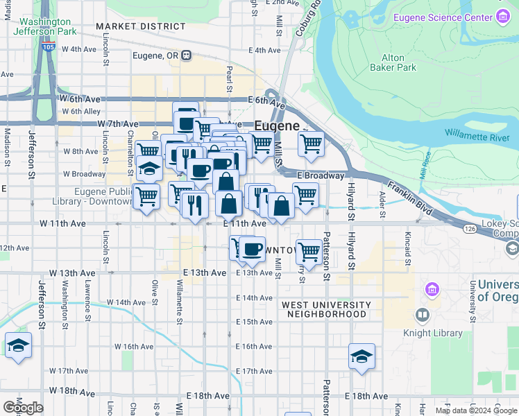 map of restaurants, bars, coffee shops, grocery stores, and more near 257 East 10th Avenue in Eugene