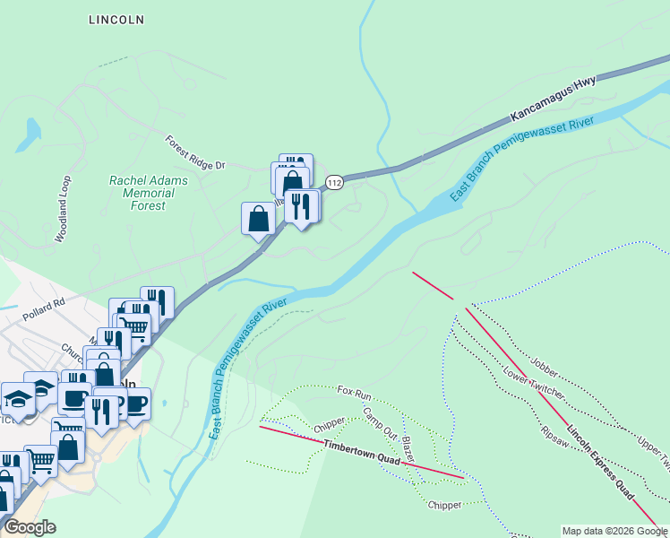 map of restaurants, bars, coffee shops, grocery stores, and more near 36 Lodge Road in Lincoln