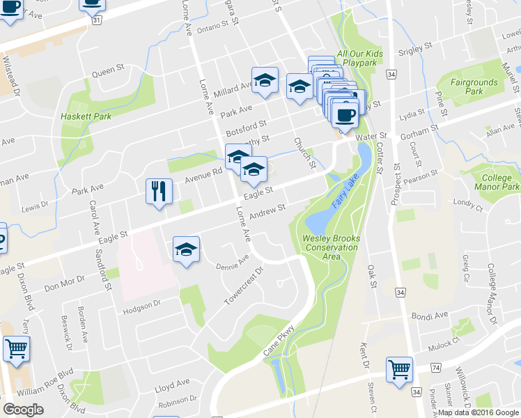 map of restaurants, bars, coffee shops, grocery stores, and more near 376 Eagle Street in Newmarket