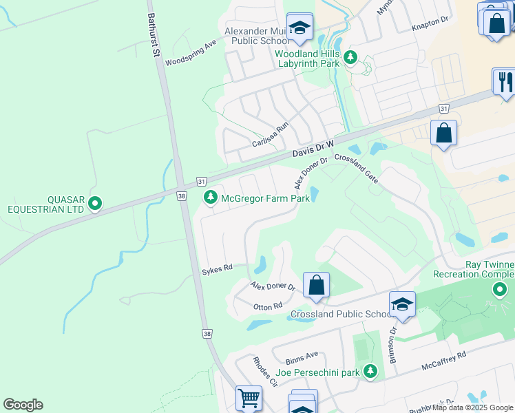 map of restaurants, bars, coffee shops, grocery stores, and more near 578 Sweetwater Crescent in Newmarket