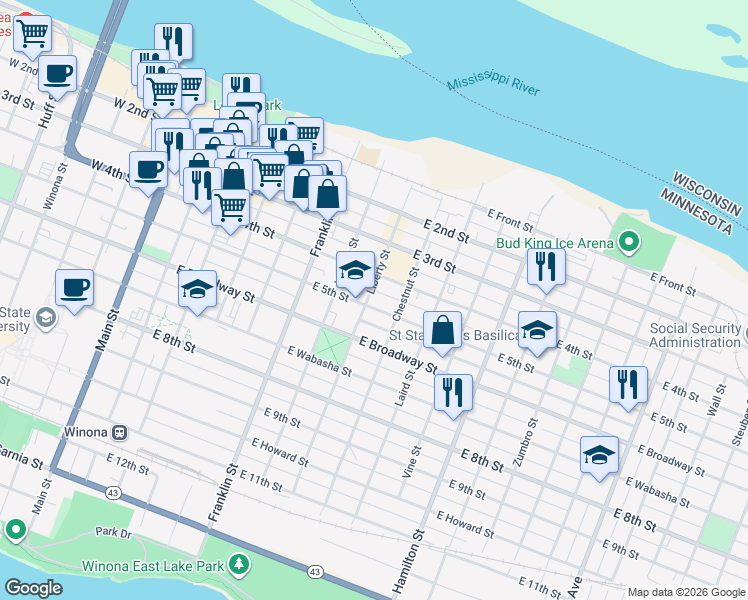 map of restaurants, bars, coffee shops, grocery stores, and more near 2 East 4th Street in Winona