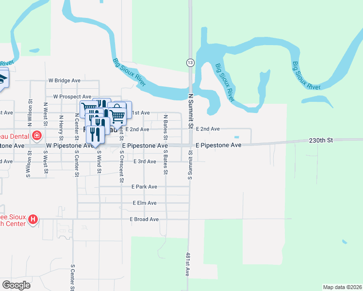 map of restaurants, bars, coffee shops, grocery stores, and more near 101 North Lindsay Street in Flandreau