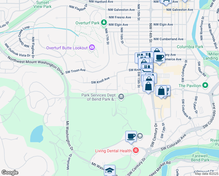 map of restaurants, bars, coffee shops, grocery stores, and more near 133 Southwest West Pine Place in Bend