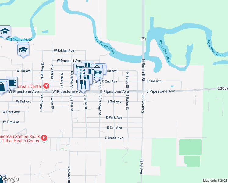 map of restaurants, bars, coffee shops, grocery stores, and more near 101 North Prairie Street in Flandreau