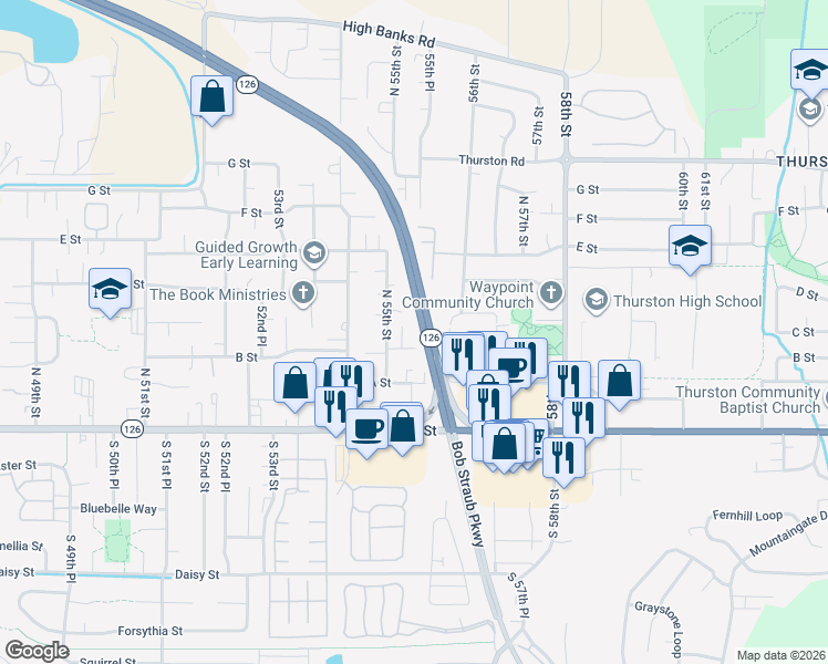 map of restaurants, bars, coffee shops, grocery stores, and more near 411 North 55th Street in Springfield
