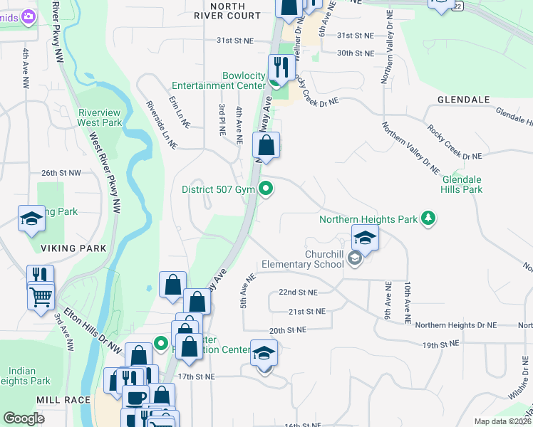 map of restaurants, bars, coffee shops, grocery stores, and more near 2410 North Broadway Avenue in Rochester
