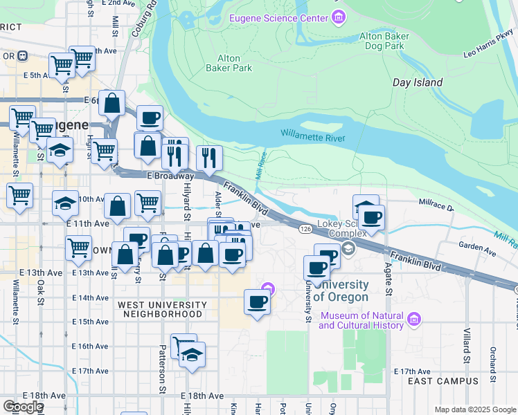 map of restaurants, bars, coffee shops, grocery stores, and more near Oregon 99 in Eugene