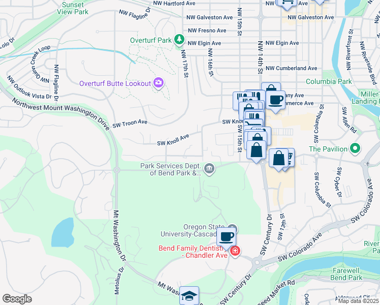 map of restaurants, bars, coffee shops, grocery stores, and more near 210 Southwest West Pine Place in Bend