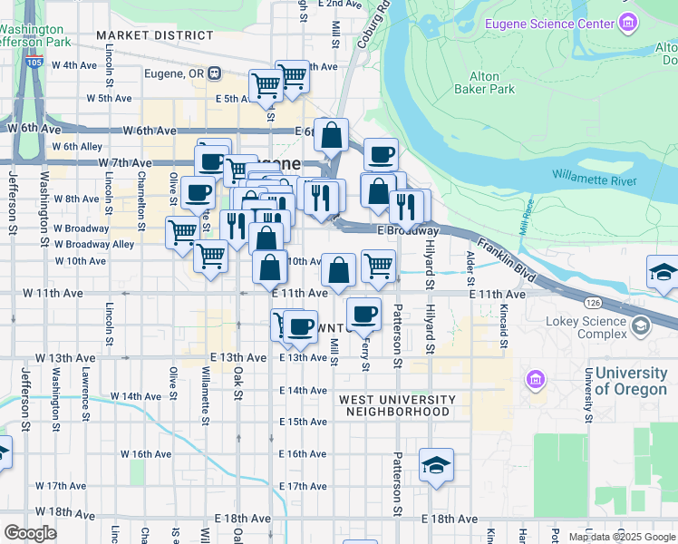 map of restaurants, bars, coffee shops, grocery stores, and more near 1031 Mill Street in Eugene