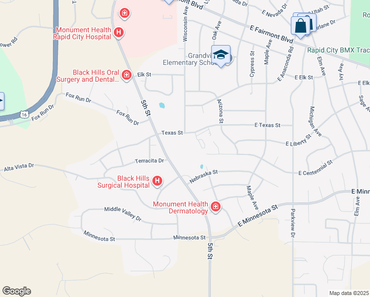 map of restaurants, bars, coffee shops, grocery stores, and more near 255 Texas Street in Rapid City