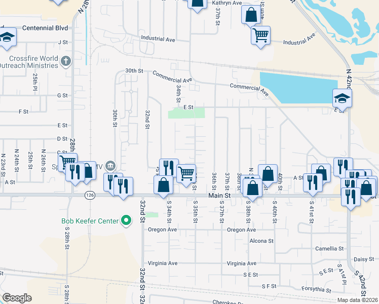map of restaurants, bars, coffee shops, grocery stores, and more near 3475 C Street in Springfield