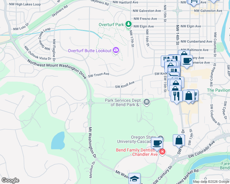 map of restaurants, bars, coffee shops, grocery stores, and more near 1833 Southwest Knoll Avenue in Bend