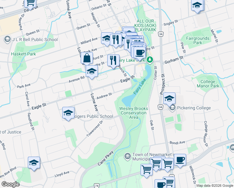 map of restaurants, bars, coffee shops, grocery stores, and more near 291 Ellen Street in Newmarket