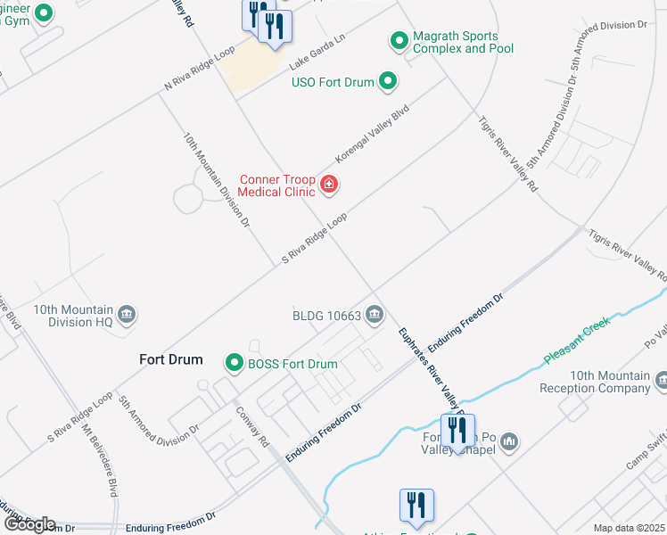 map of restaurants, bars, coffee shops, grocery stores, and more near 10602 5th Armored Division Drive in Fort Drum
