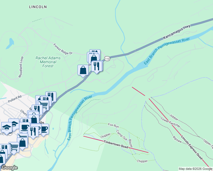 map of restaurants, bars, coffee shops, grocery stores, and more near 36 Lodge Road in Lincoln