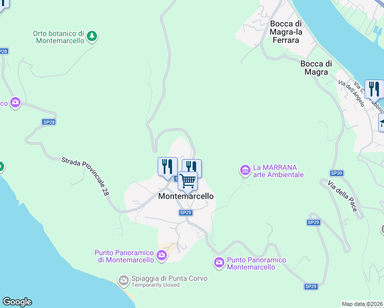 map of restaurants, bars, coffee shops, grocery stores, and more near 2A Via Nuova in Montemarcello