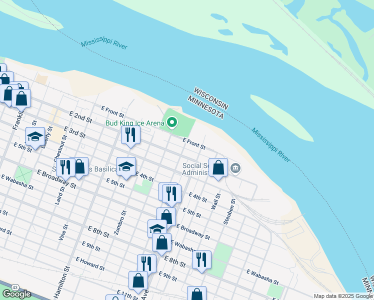 map of restaurants, bars, coffee shops, grocery stores, and more near 757 East Front Street in Winona