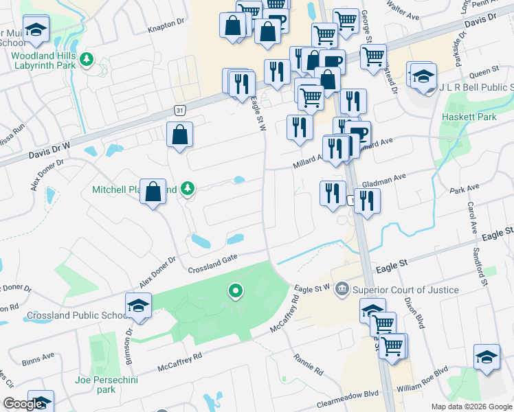 map of restaurants, bars, coffee shops, grocery stores, and more near 298 Glenway Circle in Newmarket
