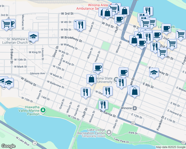 map of restaurants, bars, coffee shops, grocery stores, and more near 323 West King Street in Winona