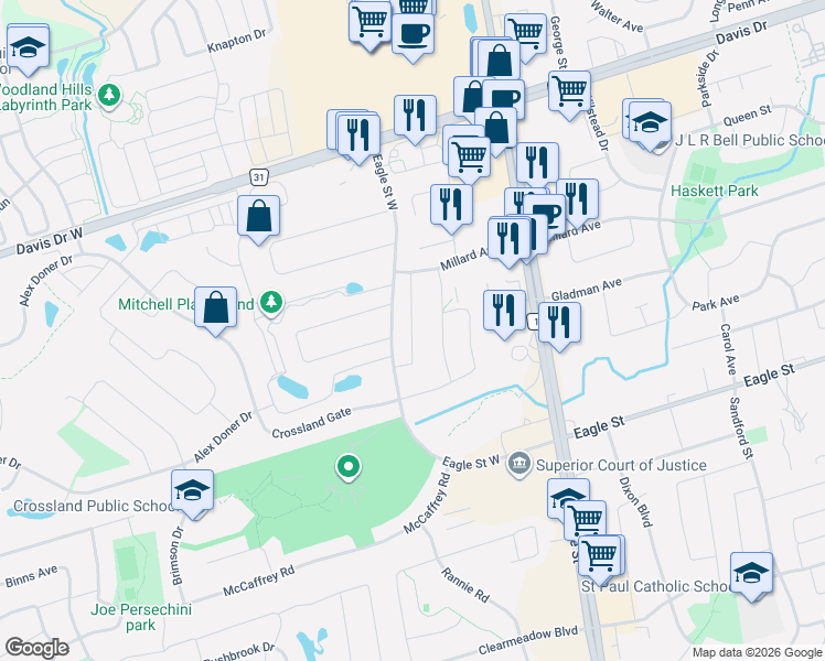 map of restaurants, bars, coffee shops, grocery stores, and more near 24 Alf Neely Way in Newmarket